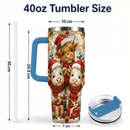 #pl[40oz|Blue] Stained Glass Cow 40oz Tumbler with Handle, Christmas Calves