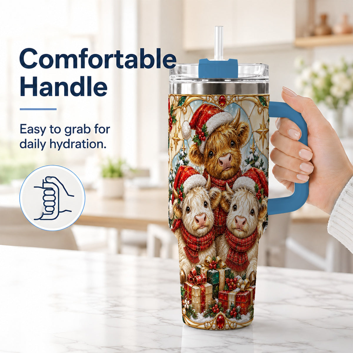 #pl[40oz|Blue] Stained Glass Cow 40oz Tumbler with Handle, Christmas Calves