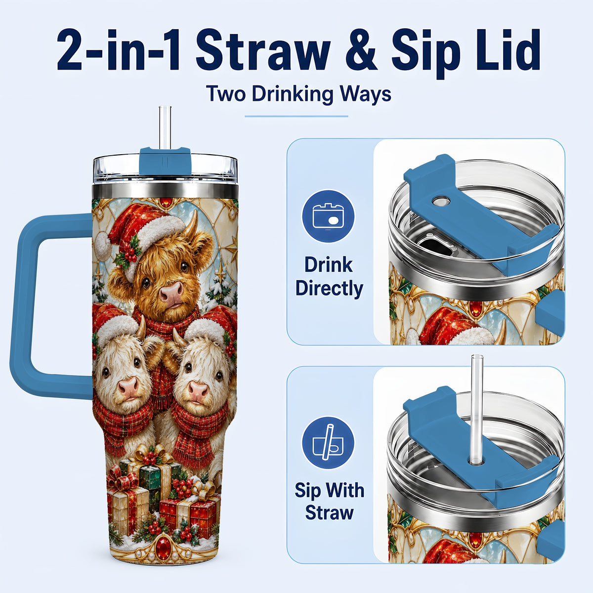 #pl[40oz|Blue] Stained Glass Cow 40oz Tumbler with Handle, Christmas Calves