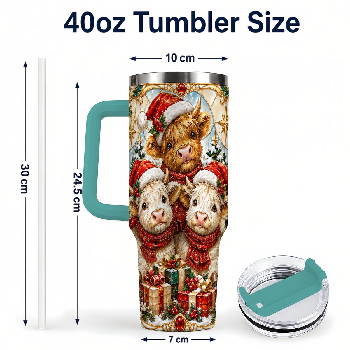 #pl[40oz|Green] Stained Glass Cow 40oz Tumbler with Handle, Christmas Calves