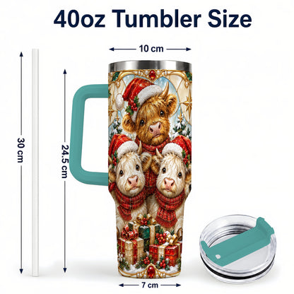 #pl[40oz|Green] Stained Glass Cow 40oz Tumbler with Handle, Christmas Calves