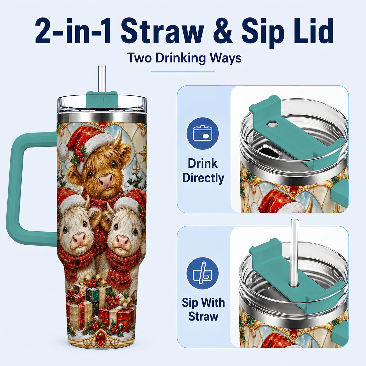 #pl[40oz|Green] Stained Glass Cow 40oz Tumbler with Handle, Christmas Calves