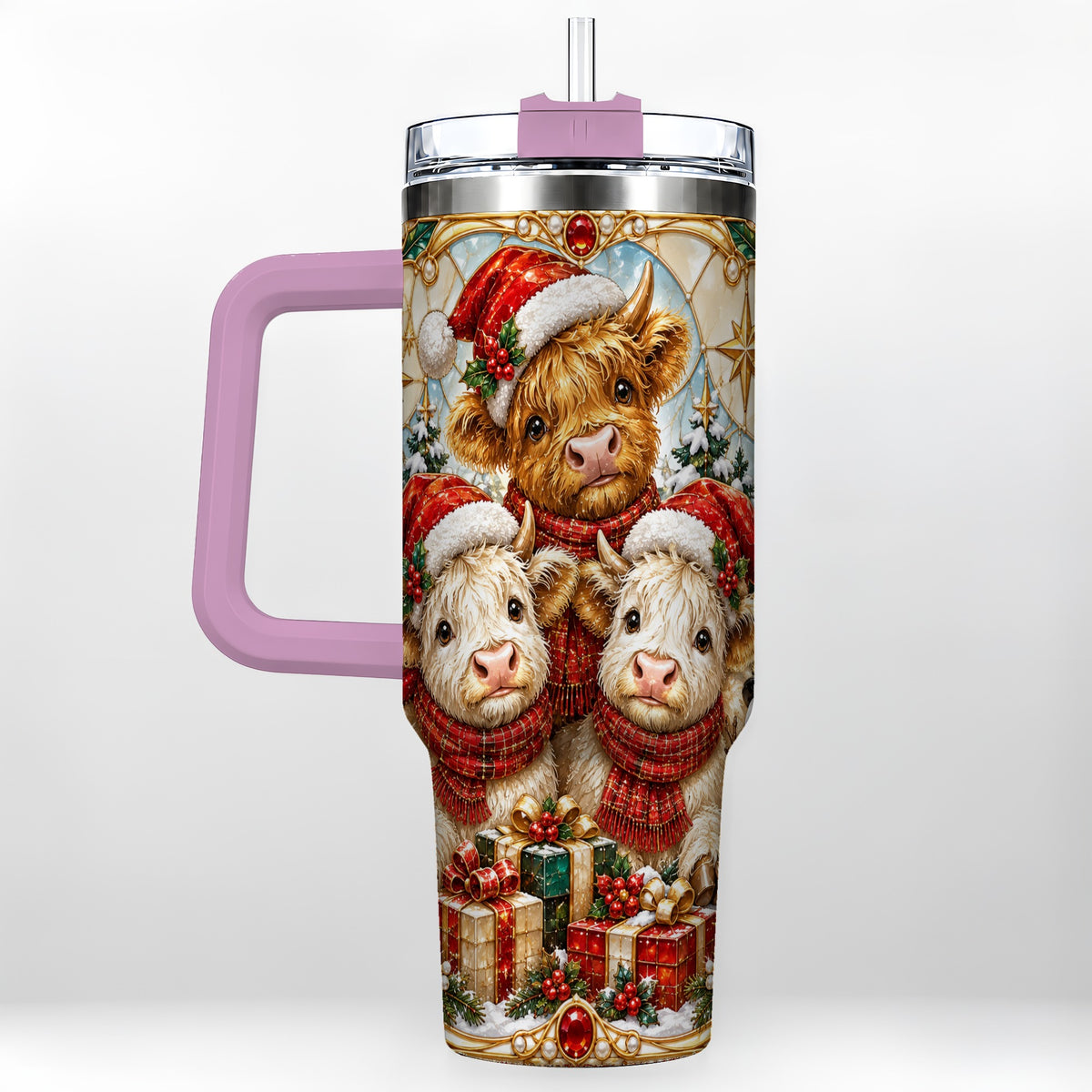 #pl[40oz|Pink] Stained Glass Cow 40oz Tumbler with Handle, Christmas Calves