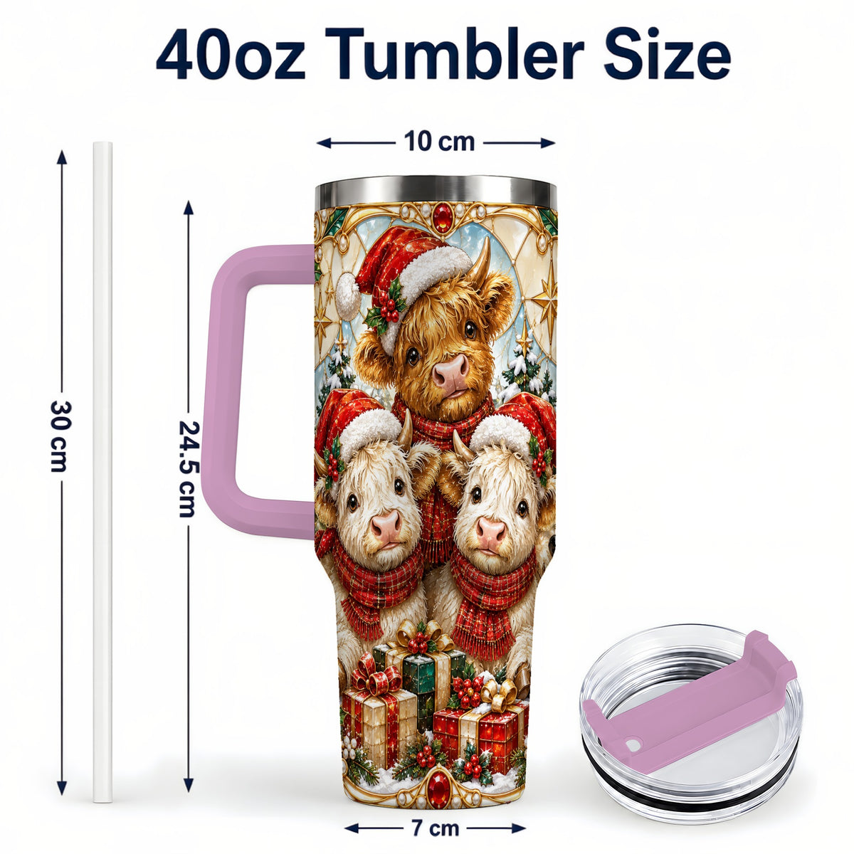 #pl[40oz|Pink] Stained Glass Cow 40oz Tumbler with Handle, Christmas Calves