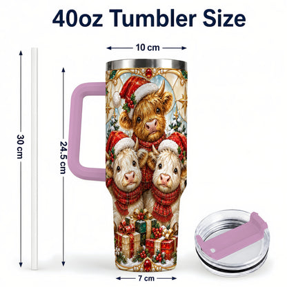 #pl[40oz|Pink] Stained Glass Cow 40oz Tumbler with Handle, Christmas Calves
