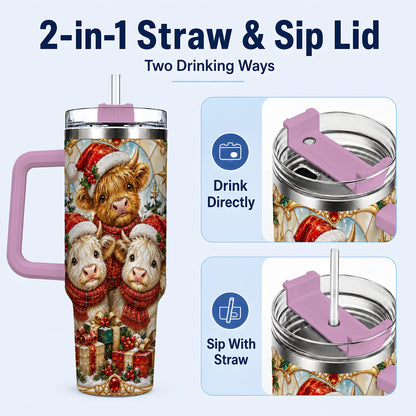 #pl[40oz|Pink] Stained Glass Cow 40oz Tumbler with Handle, Christmas Calves