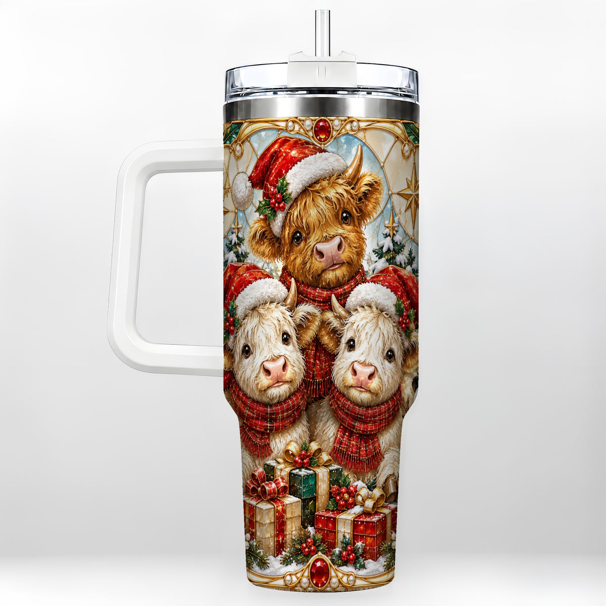 #pl[40oz|White] Stained Glass Cow 40oz Tumbler with Handle, Christmas Calves