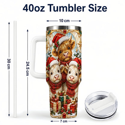 #pl[40oz|White] Stained Glass Cow 40oz Tumbler with Handle, Christmas Calves