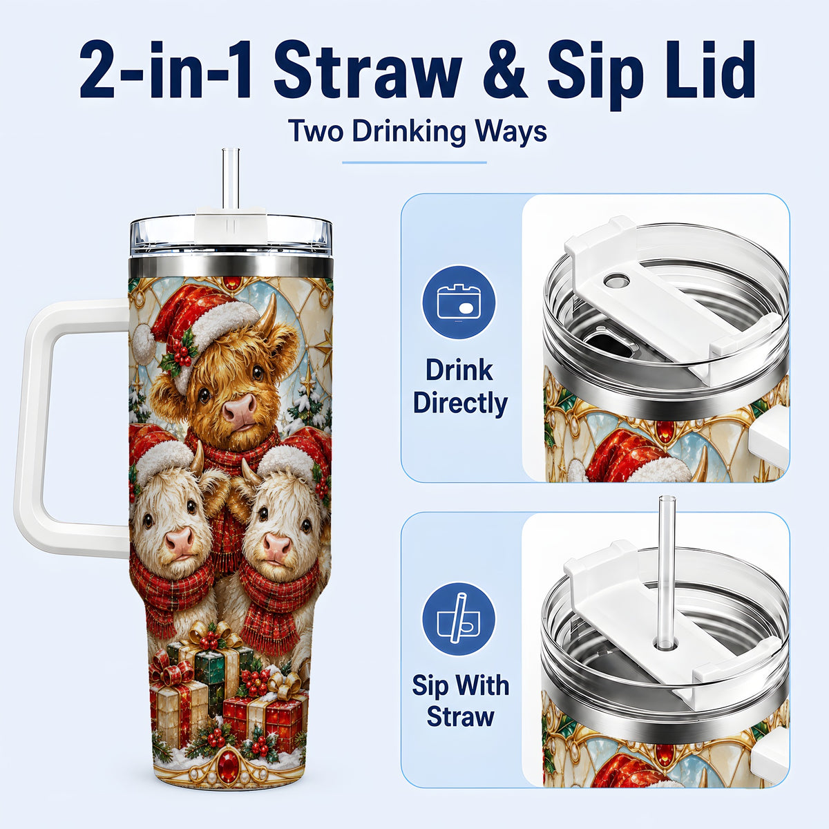 #pl[40oz|White] Stained Glass Cow 40oz Tumbler with Handle, Christmas Calves