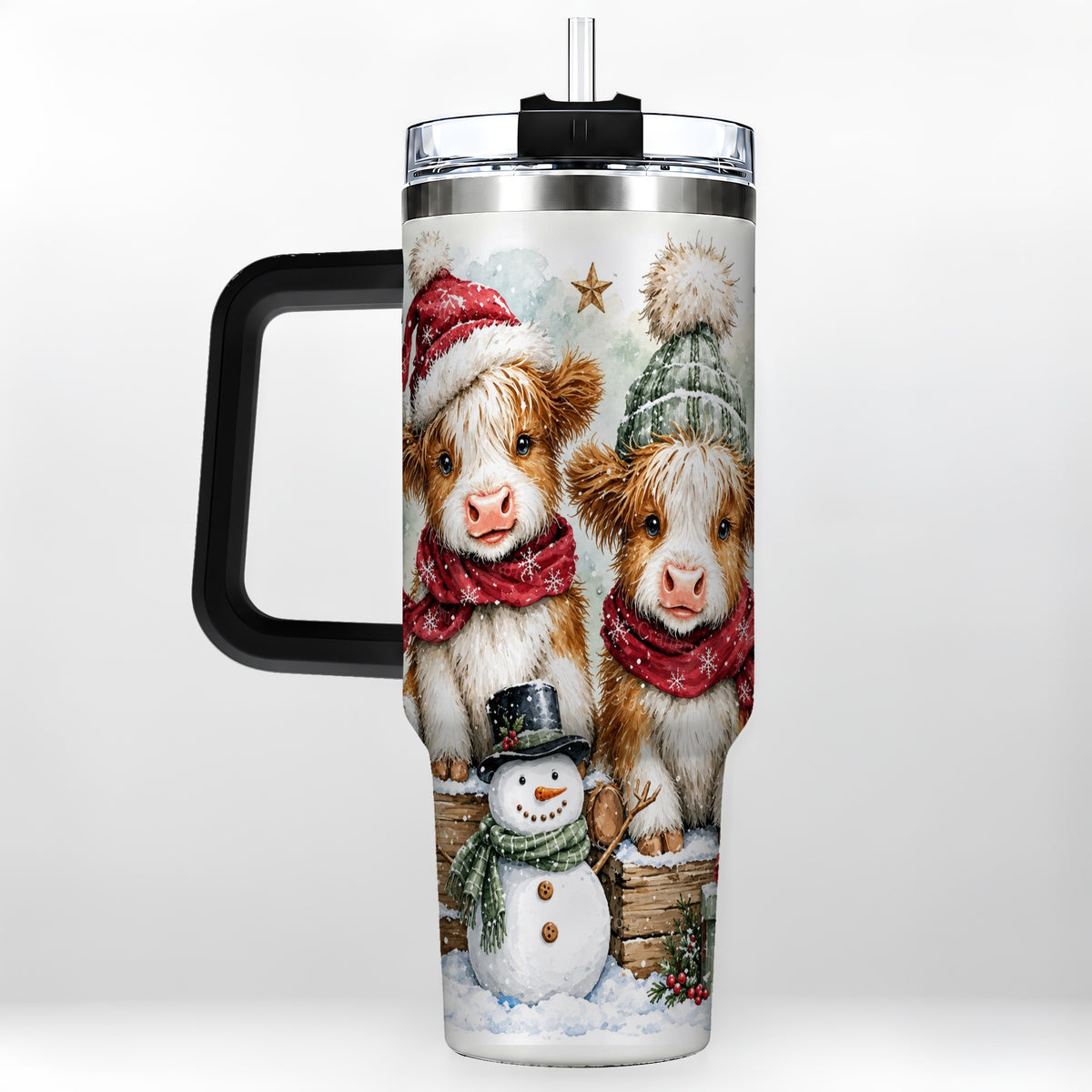 #pl[40oz|Black] Christmas Highland Cow 40oz Tumbler with Handle, Winter Travel Cup