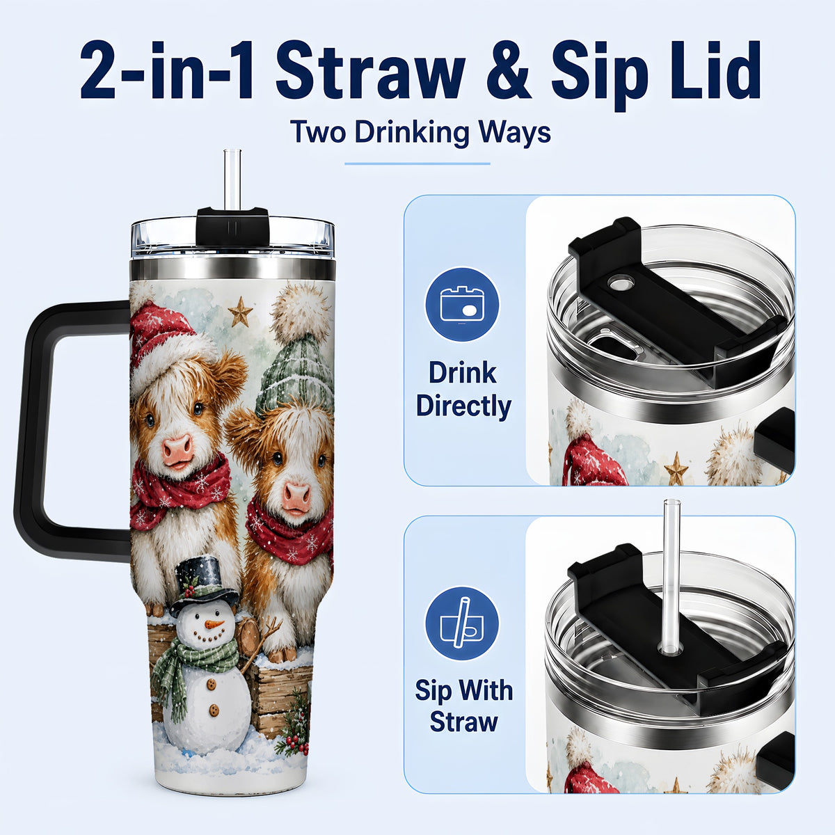 #pl[40oz|Black] Christmas Highland Cow 40oz Tumbler with Handle, Winter Travel Cup