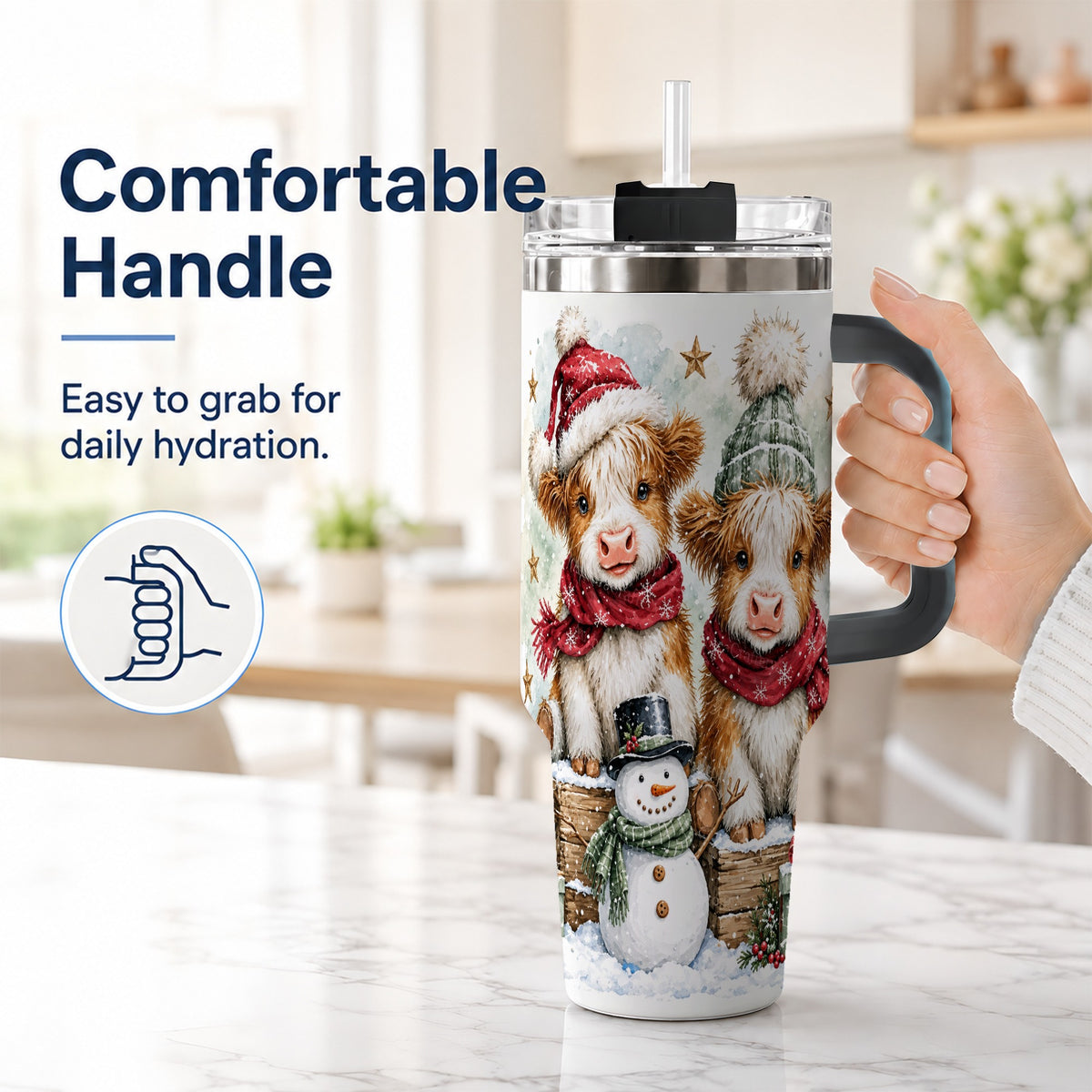 #pl[40oz|Black] Christmas Highland Cow 40oz Tumbler with Handle, Winter Travel Cup