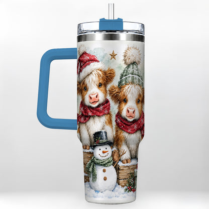 #pl[40oz|Blue] Christmas Highland Cow 40oz Tumbler with Handle, Winter Travel Cup