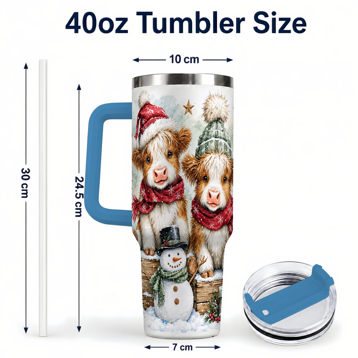 #pl[40oz|Blue] Christmas Highland Cow 40oz Tumbler with Handle, Winter Travel Cup