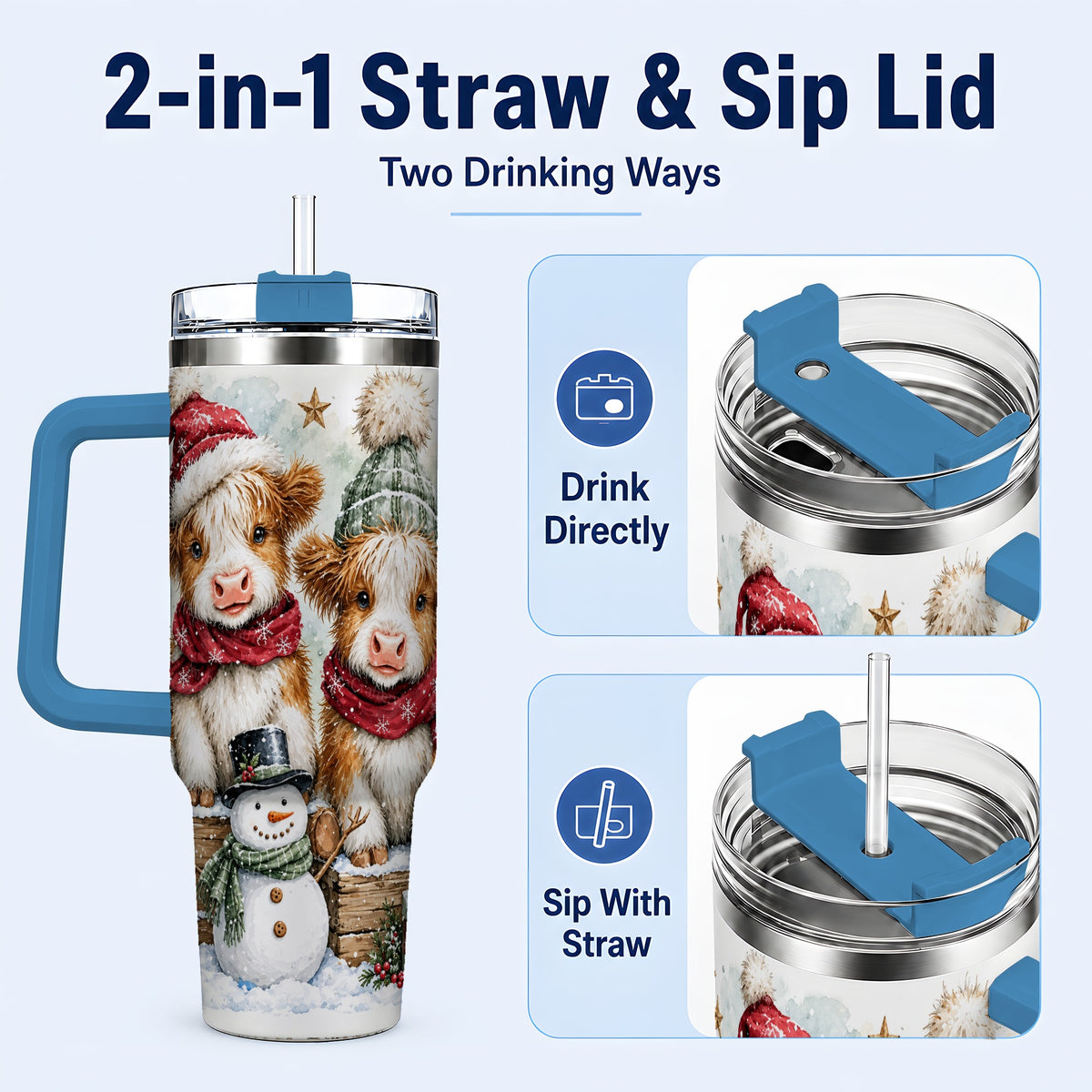 #pl[40oz|Blue] Christmas Highland Cow 40oz Tumbler with Handle, Winter Travel Cup