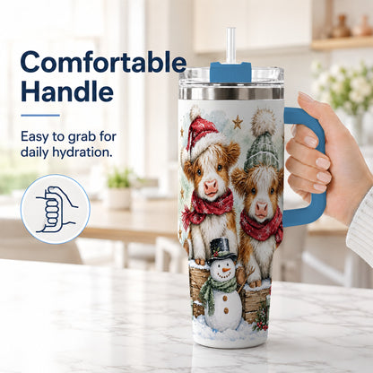 #pl[40oz|Blue] Christmas Highland Cow 40oz Tumbler with Handle, Winter Travel Cup