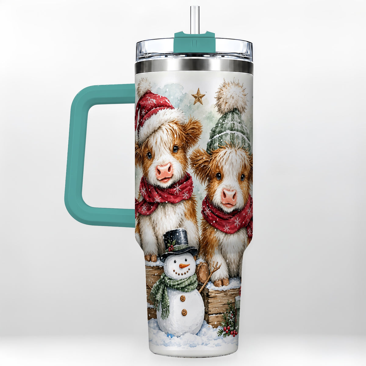 #pl[40oz|Green] Christmas Highland Cow 40oz Tumbler with Handle, Winter Travel Cup