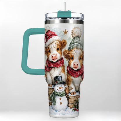 #pl[40oz|Green] Christmas Highland Cow 40oz Tumbler with Handle, Winter Travel Cup