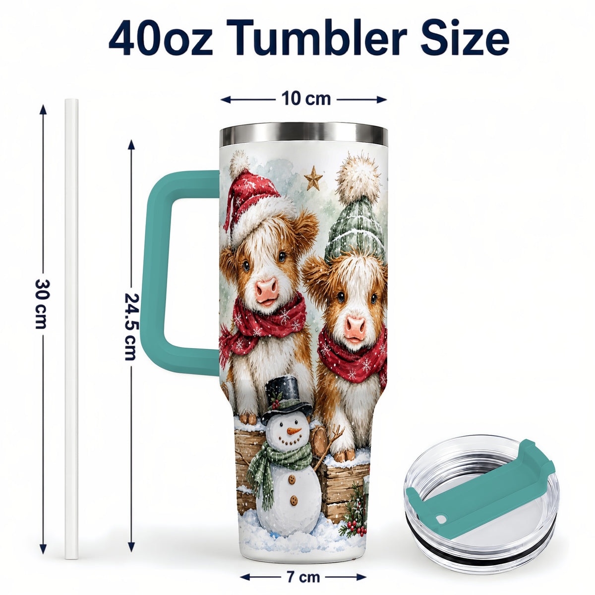#pl[40oz|Green] Christmas Highland Cow 40oz Tumbler with Handle, Winter Travel Cup