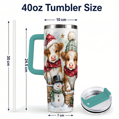 #pl[40oz|Green] Christmas Highland Cow 40oz Tumbler with Handle, Winter Travel Cup