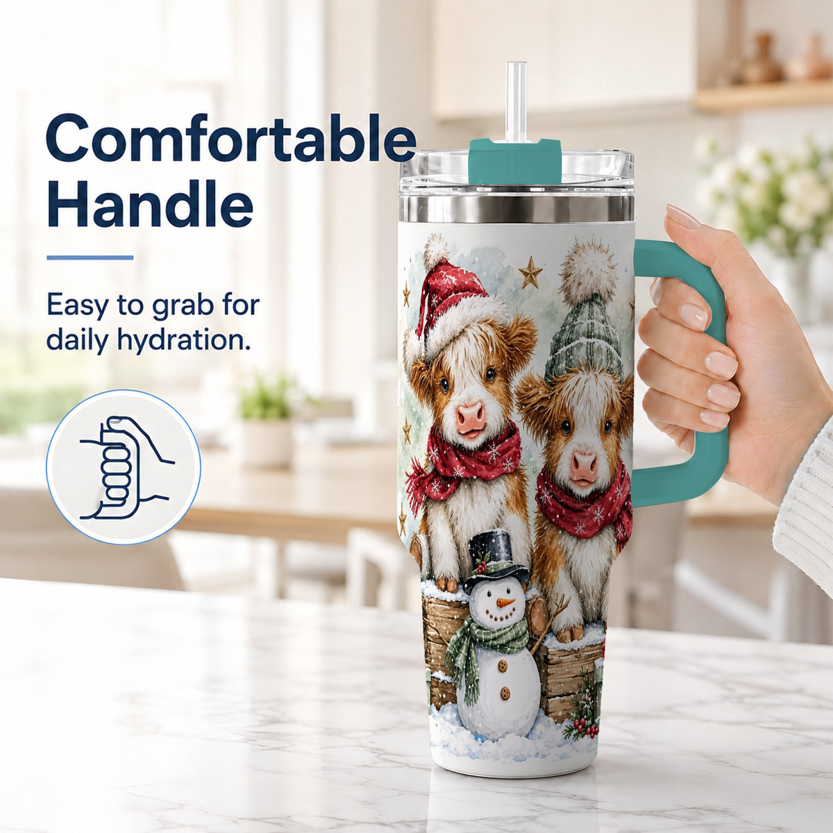 #pl[40oz|Green] Christmas Highland Cow 40oz Tumbler with Handle, Winter Travel Cup