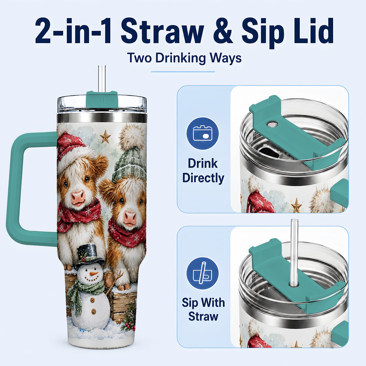 #pl[40oz|Green] Christmas Highland Cow 40oz Tumbler with Handle, Winter Travel Cup