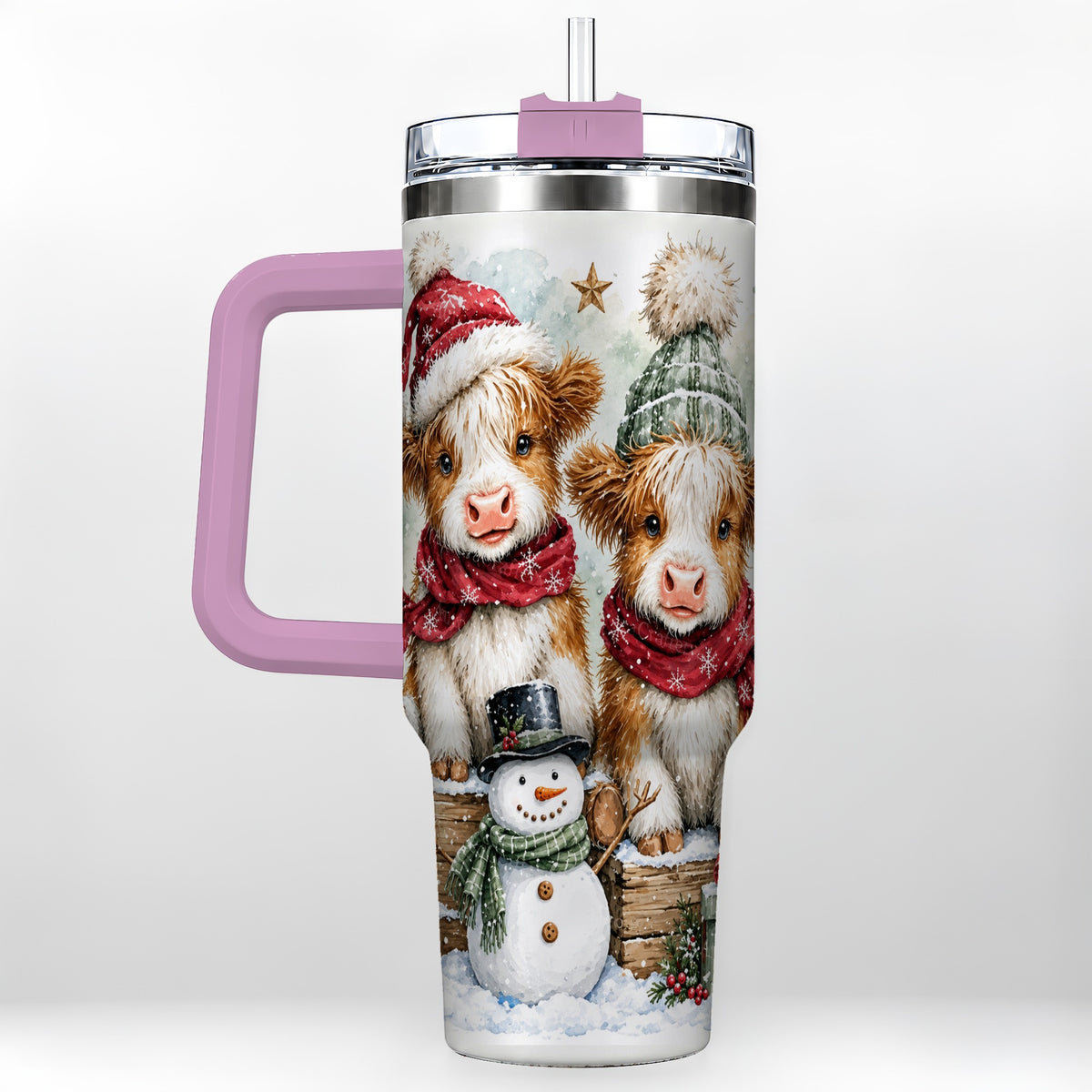 #pl[40oz|Pink] Christmas Highland Cow 40oz Tumbler with Handle, Winter Travel Cup