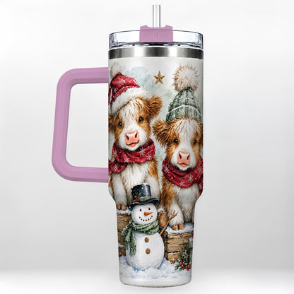 #pl[40oz|Pink] Christmas Highland Cow 40oz Tumbler with Handle, Winter Travel Cup