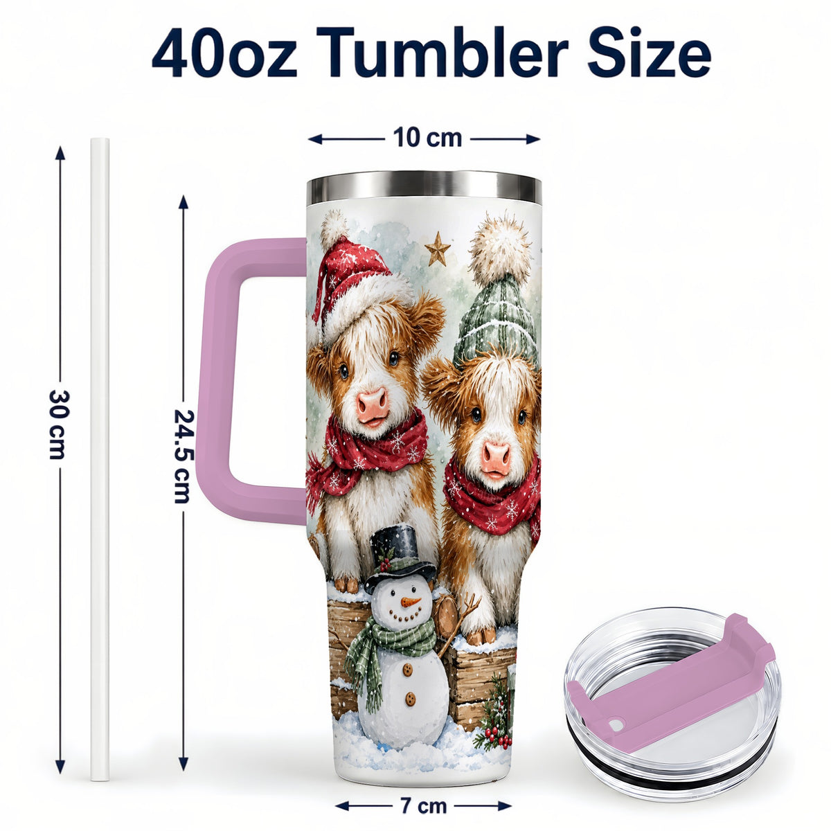#pl[40oz|Pink] Christmas Highland Cow 40oz Tumbler with Handle, Winter Travel Cup