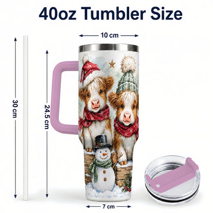 #pl[40oz|Pink] Christmas Highland Cow 40oz Tumbler with Handle, Winter Travel Cup