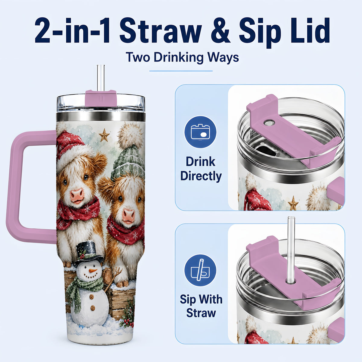 #pl[40oz|Pink] Christmas Highland Cow 40oz Tumbler with Handle, Winter Travel Cup