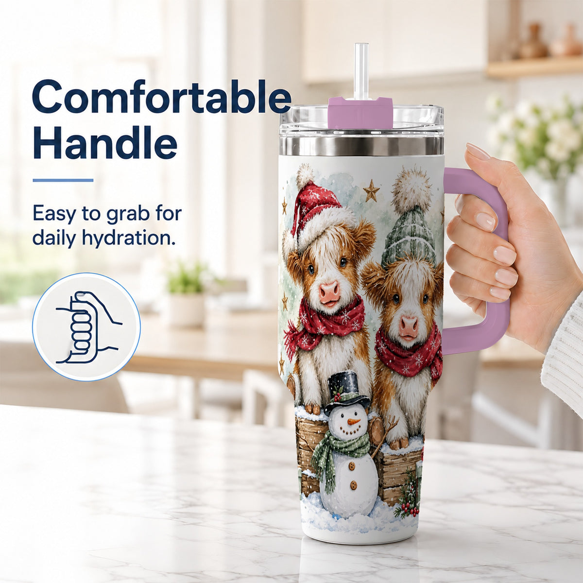 #pl[40oz|Pink] Christmas Highland Cow 40oz Tumbler with Handle, Winter Travel Cup