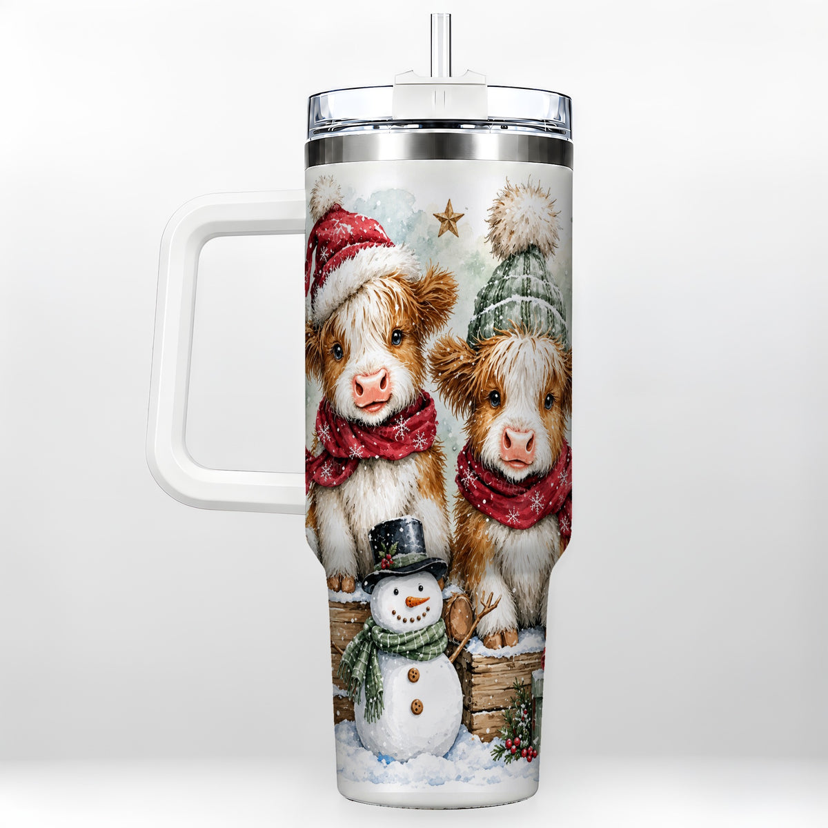 #pl[40oz|White] Christmas Highland Cow 40oz Tumbler with Handle, Winter Travel Cup