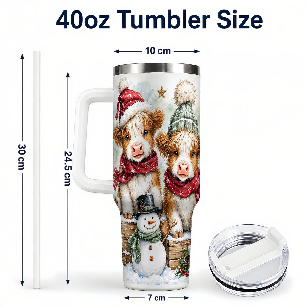 #pl[40oz|White] Christmas Highland Cow 40oz Tumbler with Handle, Winter Travel Cup