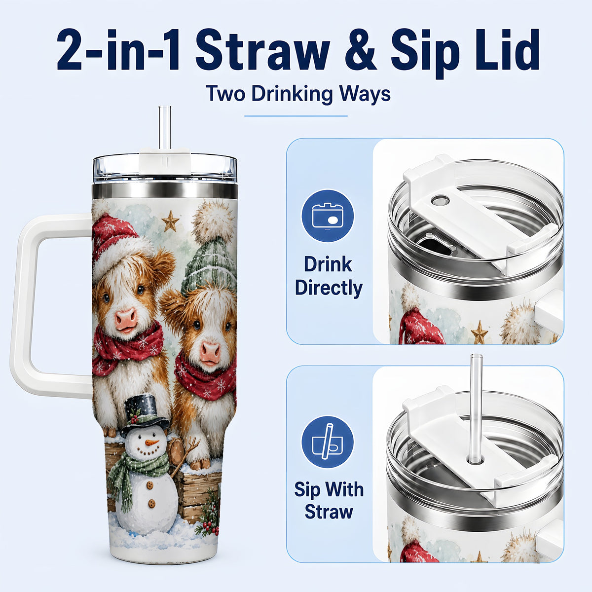 #pl[40oz|White] Christmas Highland Cow 40oz Tumbler with Handle, Winter Travel Cup