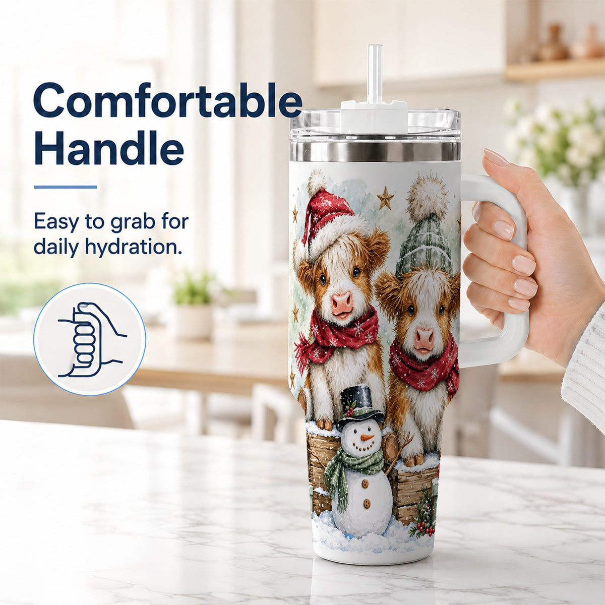 #pl[40oz|White] Christmas Highland Cow 40oz Tumbler with Handle, Winter Travel Cup