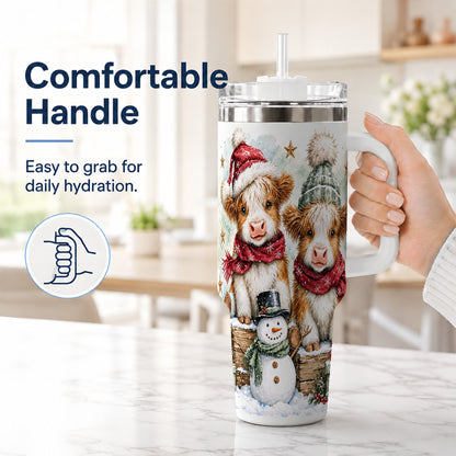 #pl[40oz|White] Christmas Highland Cow 40oz Tumbler with Handle, Winter Travel Cup
