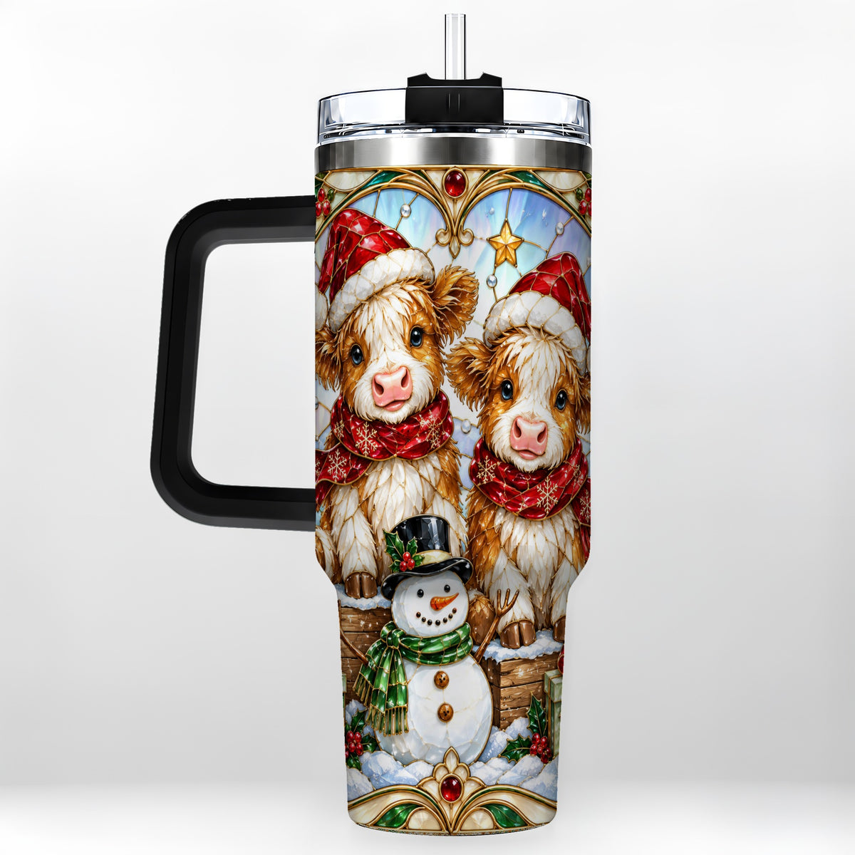 #pl[40oz|Black] Stained Glass Cow 40oz Tumbler with Handle, Christmas Travel Cup