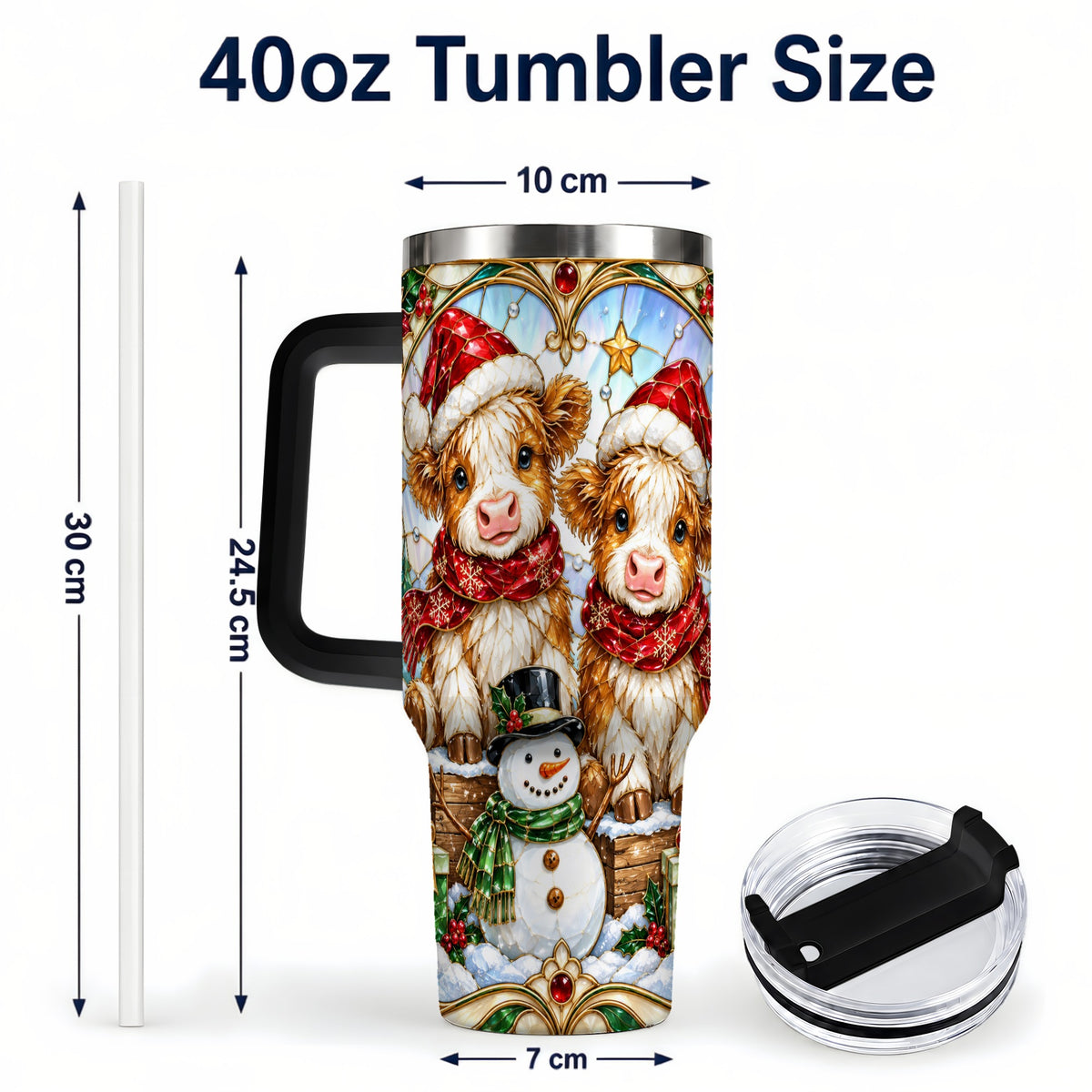 #pl[40oz|Black] Stained Glass Cow 40oz Tumbler with Handle, Christmas Travel Cup
