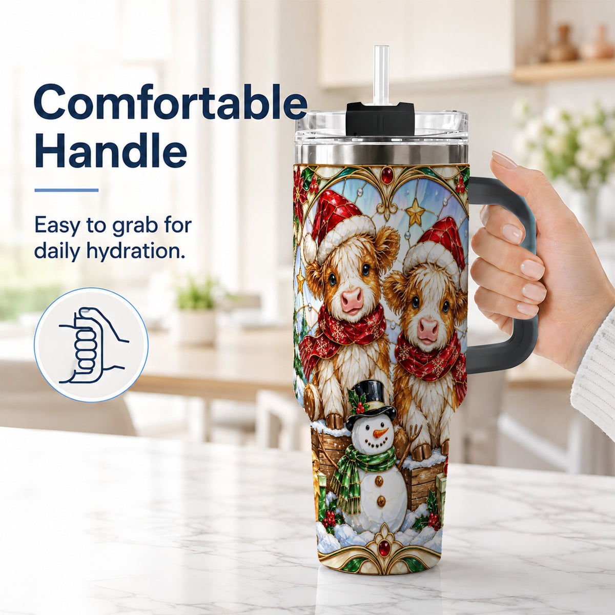 #pl[40oz|Black] Stained Glass Cow 40oz Tumbler with Handle, Christmas Travel Cup
