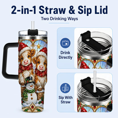 #pl[40oz|Black] Stained Glass Cow 40oz Tumbler with Handle, Christmas Travel Cup