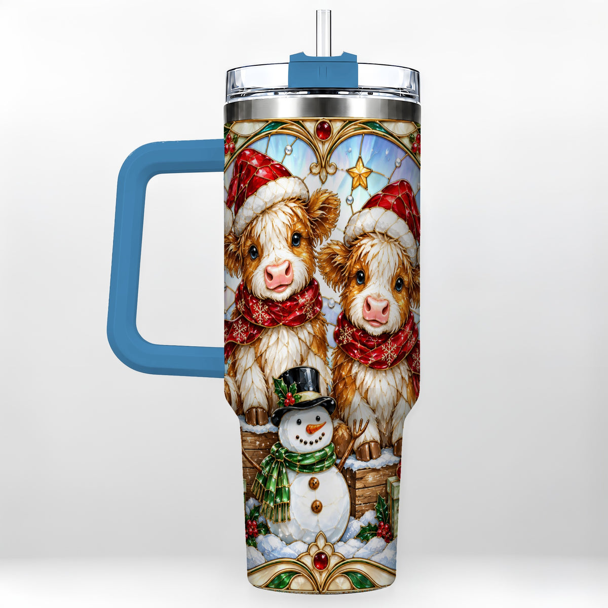 #pl[40oz|Blue] Stained Glass Cow 40oz Tumbler with Handle, Christmas Travel Cup