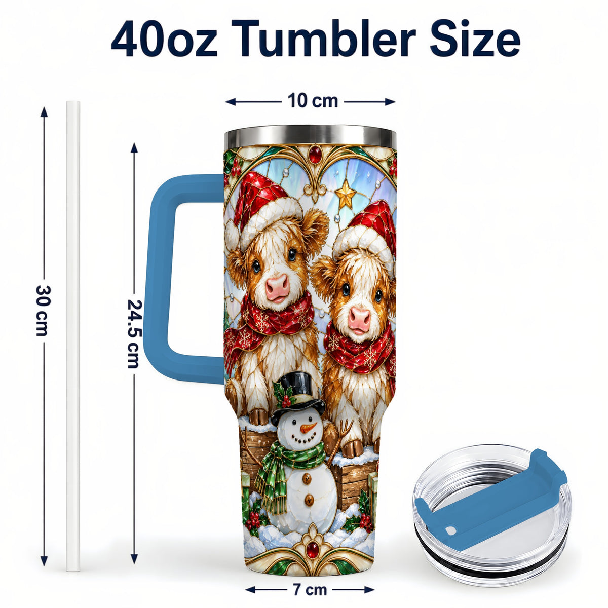 #pl[40oz|Blue] Stained Glass Cow 40oz Tumbler with Handle, Christmas Travel Cup