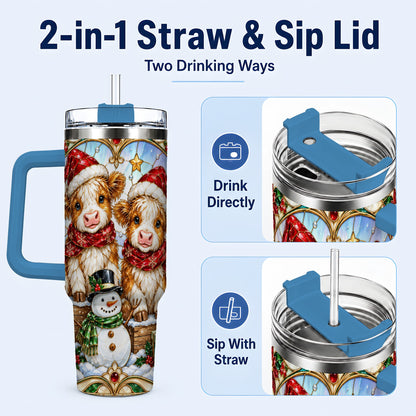 #pl[40oz|Blue] Stained Glass Cow 40oz Tumbler with Handle, Christmas Travel Cup