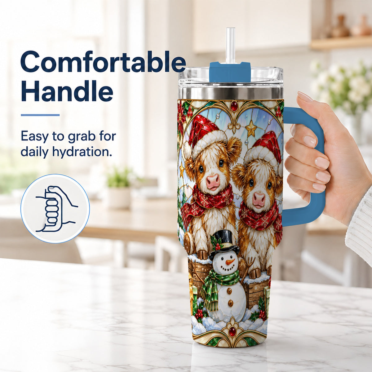 #pl[40oz|Blue] Stained Glass Cow 40oz Tumbler with Handle, Christmas Travel Cup