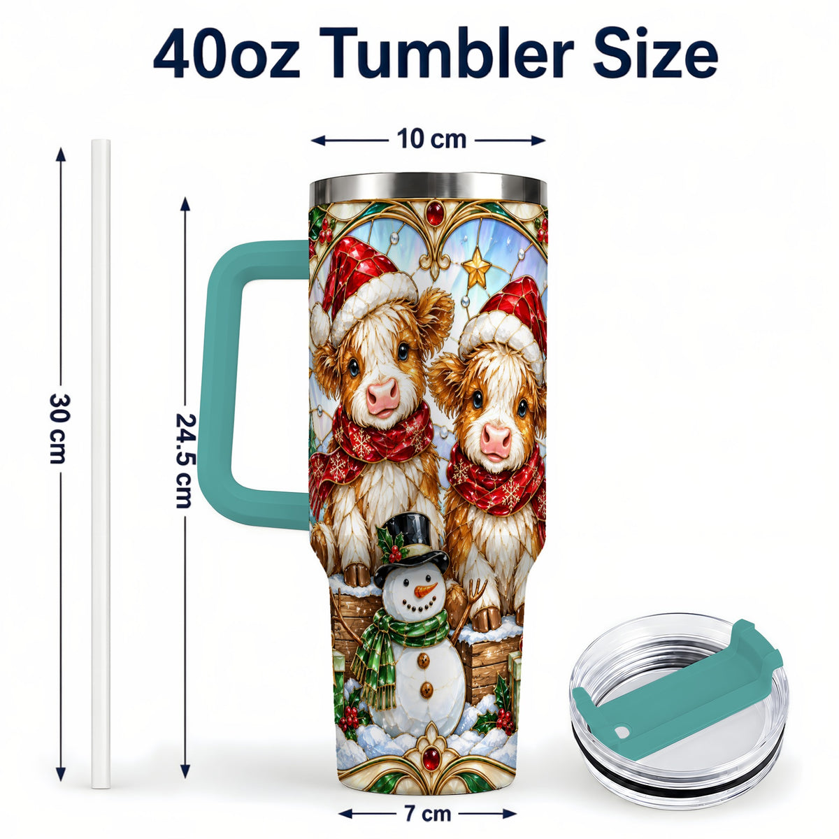 #pl[40oz|Green] Stained Glass Cow 40oz Tumbler with Handle, Christmas Travel Cup