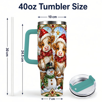 #pl[40oz|Green] Stained Glass Cow 40oz Tumbler with Handle, Christmas Travel Cup