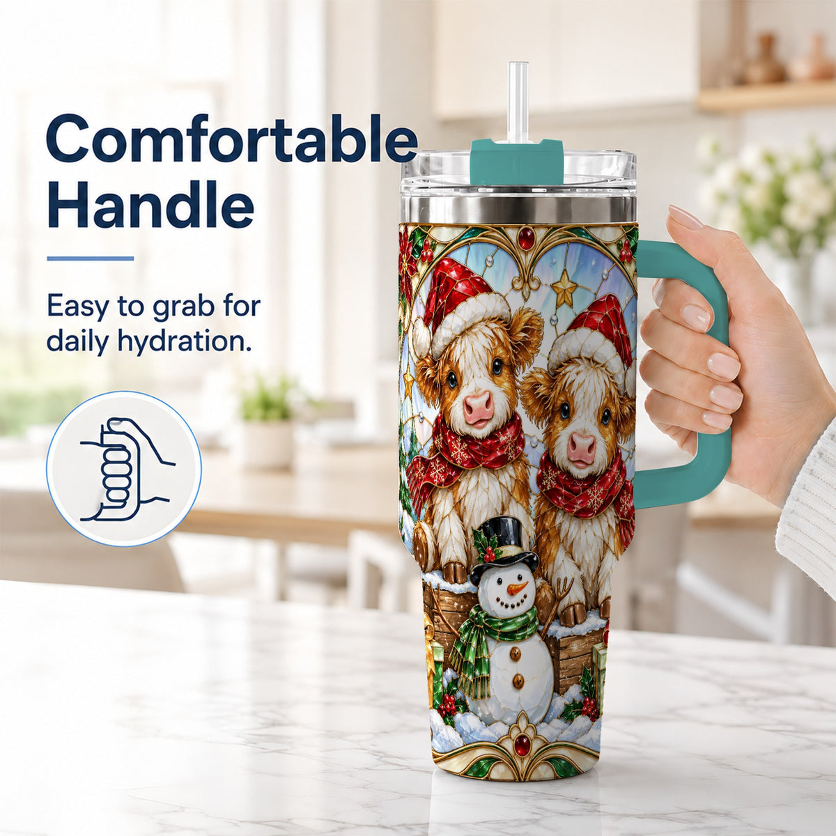 #pl[40oz|Green] Stained Glass Cow 40oz Tumbler with Handle, Christmas Travel Cup