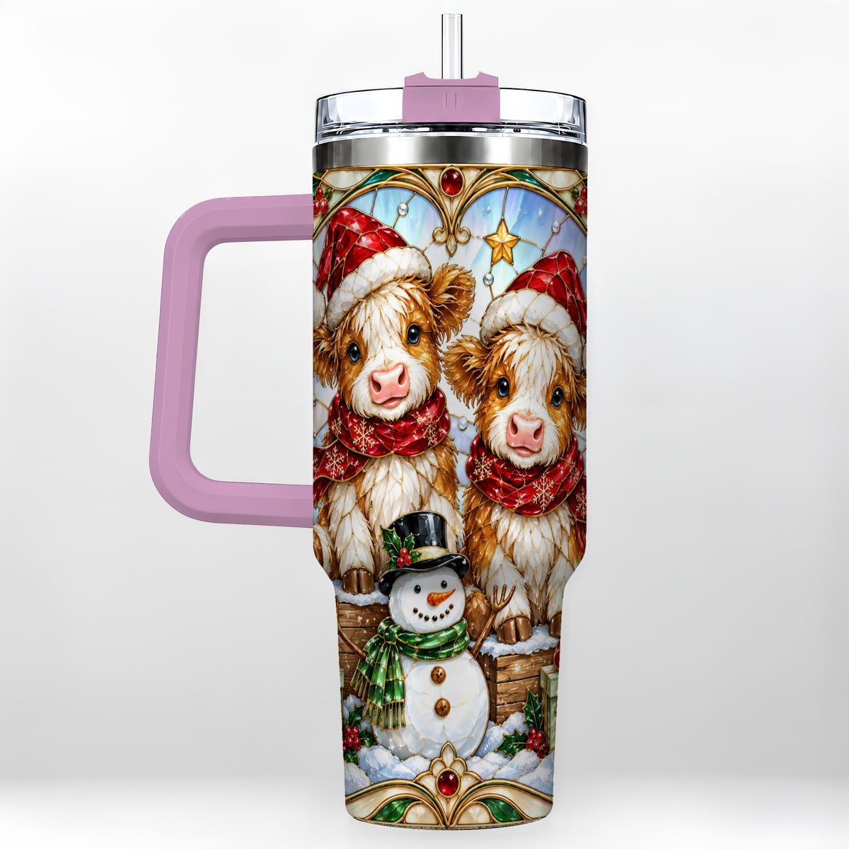 #pl[40oz|Pink] Stained Glass Cow 40oz Tumbler with Handle, Christmas Travel Cup