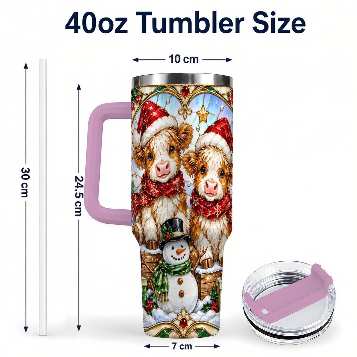 #pl[40oz|Pink] Stained Glass Cow 40oz Tumbler with Handle, Christmas Travel Cup